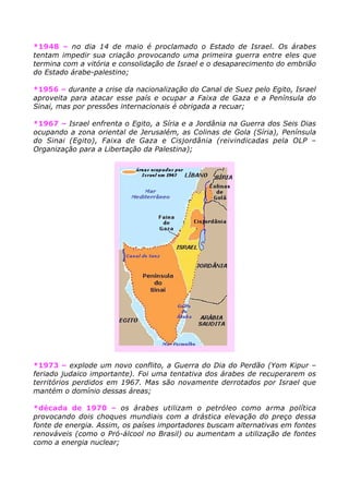 *1948 – no dia 14 de maio é proclamado o Estado de Israel. Os árabes
tentam impedir sua criação provocando uma primeira guerra entre eles que
termina com a vitória e consolidação de Israel e o desaparecimento do embrião
do Estado árabe-palestino;
*1956 – durante a crise da nacionalização do Canal de Suez pelo Egito, Israel
aproveita para atacar esse país e ocupar a Faixa de Gaza e a Península do
Sinai, mas por pressões internacionais é obrigada a recuar;
*1967 – Israel enfrenta o Egito, a Síria e a Jordânia na Guerra dos Seis Dias
ocupando a zona oriental de Jerusalém, as Colinas de Gola (Síria), Península
do Sinai (Egito), Faixa de Gaza e Cisjordânia (reivindicadas pela OLP –
Organização para a Libertação da Palestina);
*1973 – explode um novo conflito, a Guerra do Dia do Perdão (Yom Kipur –
feriado judaico importante). Foi uma tentativa dos árabes de recuperarem os
territórios perdidos em 1967. Mas são novamente derrotados por Israel que
mantém o domínio dessas áreas;
*década de 1970 – os árabes utilizam o petróleo como arma política
provocando dois choques mundiais com a drástica elevação do preço dessa
fonte de energia. Assim, os países importadores buscam alternativas em fontes
renováveis (como o Pró-álcool no Brasil) ou aumentam a utilização de fontes
como a energia nuclear;
 