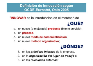 Definición de innovación según
OCDE-Eurostat, Oslo 2005
3
“INNOVAR es la introducción en el mercado de
¿QUÉ?
a. un nuevo (...