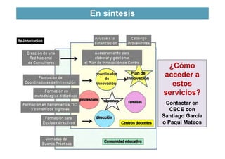 En síntesis
4
¿Cómo
acceder a
estos
servicios?
Contactar en
CECE con
Santiago García
o Paqui Mateos
 