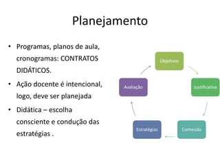 Planejamento
• Programas, planos de aula,
cronogramas: CONTRATOS
DIDÁTICOS.
• Ação docente é intencional,
logo, deve ser planejada
• Didática – escolha
consciente e condução das
estratégias .
Objetivos
Justificativa
Conteúdo
Estratégias
Avaliação
 