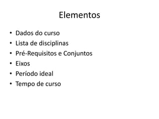 Elementos
• Dados do curso
• Lista de disciplinas
• Pré-Requisitos e Conjuntos
• Eixos
• Período ideal
• Tempo de curso
 