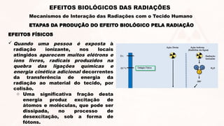 EFEITOS FÍSICOS
ETAPAS DA PRODUÇÃO DO EFEITO BIOLÓGICO PELA RADIAÇÃO
 Quando uma pessoa é exposta à
radiação ionizante, nos locais
atingidos aparecem muitos elétrons e
íons livres, radicais produzidos na
quebra das ligações químicas e
energia cinética adicional decorrentes
da transferência de energia da
radiação ao material do tecido, por
colisão.
o Uma significativa fração desta
energia produz excitação de
átomos e moléculas, que pode ser
dissipada, no processo de
desexcitação, sob a forma de
fótons.
EFEITOS BIOLÓGICOS DAS RADIAÇÕES
Mecanismos de Interação das Radiações com o Tecido Humano
 