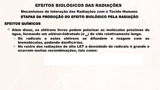  Além disso, os elétrons livres podem polarizar as moléculas próximas de
água, formando um elétron-hidratado (e-
ag) de vida relativamente longa.
o Os radicais e estes elétrons se difundem e reagem com as
biomoléculas, podendo danificá-las.
o No rastro das radiações de alta LET a densidade de radicais é grande e
ocorrem muitas recombinações, tais como:
EFEITOS QUÍMICOS
ETAPAS DA PRODUÇÃO DO EFEITO BIOLÓGICO PELA RADIAÇÃO
EFEITOS BIOLÓGICOS DAS RADIAÇÕES
Mecanismos de Interação das Radiações com o Tecido Humano
 