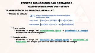  Método de cálculo
 Traço médio
o Dividindo o traço em comprimentos iguais e ponderando a energia
depositada em cada trajetória
 Energia média
o Dividindo o traço em intervalos de energia iguais e ponderando as
trajetórias dos traços que contem essa quantidade de energia
TRANSFERÊNCIA DE ENERGIA LINEAR - LET
RADIOSSENSIBILIDADE DOS TECIDOS
EFEITOS BIOLÓGICOS DAS RADIAÇÕES
 