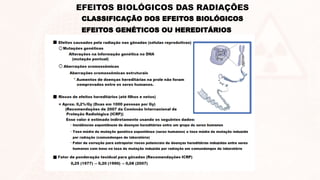EFEITOS GENÉTICOS OU HEREDITÁRIOS
EFEITOS BIOLÓGICOS DAS RADIAÇÕES
CLASSIFICAÇÃO DOS EFEITOS BIOLÓGICOS
 
