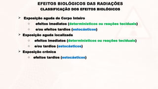 Exposição aguda de Corpo Inteiro
o efeitos imediatos (determinísticos ou reações teciduais)
o e/ou efeitos tardios (estocásticos)
 Exposição aguda localizada
o efeitos imediatos (determinísticos ou reações teciduais)
o e/ou tardios (estocásticos)
 Exposição crônica
o efeitos tardios (estocásticos)
EFEITOS BIOLÓGICOS DAS RADIAÇÕES
CLASSIFICAÇÃO DOS EFEITOS BIOLÓGICOS
 