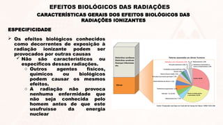 ESPECIFICIDADE
CARACTERÍSTICAS GERAIS DOS EFEITOS BIOLÓGICOS DAS
RADIAÇÕES IONIZANTES
EFEITOS BIOLÓGICOS DAS RADIAÇÕES
 Os efeitos biológicos conhecidos
como decorrentes de exposição à
radiação ionizante podem ser
provocados por outras causas
 Não são característicos ou
específicos dessas radiações.
o Outros agentes físicos,
químicos ou biológicos
podem causar os mesmos
efeitos.
o A radiação não provoca
nenhuma enfermidade que
não seja conhecida pelo
homem antes de que este
usufruísse da energia
nuclear
 