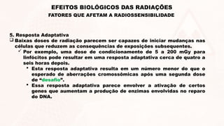 5. Resposta Adaptativa
 Baixas doses de radiação parecem ser capazes de iniciar mudanças nas
células que reduzem as consequências de exposições subsequentes.
 Por exemplo, uma dose de condicionamento de 5 a 200 mGy para
linfócitos pode resultar em uma resposta adaptativa cerca de quatro a
seis horas depois.
 Esta resposta adaptativa resulta em um número menor do que o
esperado de aberrações cromossômicas após uma segunda dose
de “desafio”.
 Essa resposta adaptativa parece envolver a ativação de certos
genes que aumentam a produção de enzimas envolvidas no reparo
do DNA.
EFEITOS BIOLÓGICOS DAS RADIAÇÕES
FATORES QUE AFETAM A RADIOSSENSIBILIDADE
 