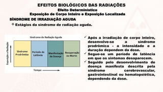 SÍNDROME DE IRRADIAÇÃO AGUDA
Efeito Determinístico
Exposição de Corpo Inteiro e Exposição Localizada
EFEITOS BIOLÓGICOS DAS RADIAÇÕES
 Após a irradiação de corpo inteiro,
desenvolve-se a síndrome
prodrômica - a intensidade e a
duração dependem da dose.
 Segue-se um período de latência
em que os sintomas desaparecem.
 Seguido pelo desenvolvimento de
doença manifesta descrita pela
síndrome cerebrovascular,
gastrointestinal ou hematopoiética,
dependendo da dose.
 Estágios da síndrome de radiação aguda.
 