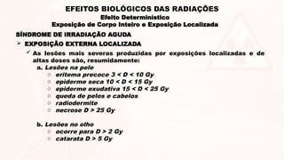 SÍNDROME DE IRRADIAÇÃO AGUDA
 As lesões mais severas produzidas por exposições localizadas e de
altas doses são, resumidamente:
a. Lesões na pele
o eritema precoce 3 < D < 10 Gy
o epiderme seca 10 < D < 15 Gy
o epiderme exudativa 15 < D < 25 Gy
o queda de pelos e cabelos
o radiodermite
o necrose D > 25 Gy
b. Lesões no olho
o ocorre para D > 2 Gy
o catarata D > 5 Gy
 EXPOSIÇÃO EXTERNA LOCALIZADA
Efeito Determinístico
Exposição de Corpo Inteiro e Exposição Localizada
EFEITOS BIOLÓGICOS DAS RADIAÇÕES
 