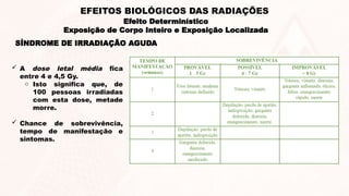 SÍNDROME DE IRRADIAÇÃO AGUDA
 A dose letal média fica
entre 4 e 4,5 Gy.
o Isto significa que, de
100 pessoas irradiadas
com esta dose, metade
morre.
 Chance de sobrevivência,
tempo de manifestação e
sintomas.
Efeito Determinístico
Exposição de Corpo Inteiro e Exposição Localizada
EFEITOS BIOLÓGICOS DAS RADIAÇÕES
 