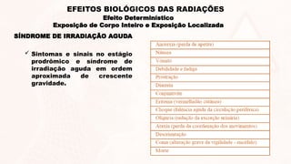 SÍNDROME DE IRRADIAÇÃO AGUDA
 Sintomas e sinais no estágio
prodrômico e síndrome de
irradiação aguda em ordem
aproximada de crescente
gravidade.
Efeito Determinístico
Exposição de Corpo Inteiro e Exposição Localizada
EFEITOS BIOLÓGICOS DAS RADIAÇÕES
 
