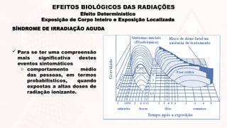 SÍNDROME DE IRRADIAÇÃO AGUDA
 Para se ter uma compreensão
mais significativa destes
eventos sintomáticos
o comportamento médio
das pessoas, em termos
probabilísticos, quando
expostas a altas doses de
radiação ionizante.
Efeito Determinístico
Exposição de Corpo Inteiro e Exposição Localizada
EFEITOS BIOLÓGICOS DAS RADIAÇÕES
 