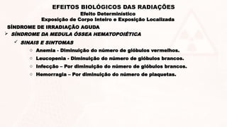  SINAIS E SINTOMAS
o Anemia - Diminuição do número de glóbulos vermelhos.
o Leucopenia - Diminuição do número de glóbulos brancos.
o Infecção – Por diminuição do número de glóbulos brancos.
o Hemorragia – Por diminuição do número de plaquetas.
SÍNDROME DE IRRADIAÇÃO AGUDA
 SÍNDROME DA MEDULA ÓSSEA HEMATOPOIÉTICA
Efeito Determinístico
Exposição de Corpo Inteiro e Exposição Localizada
EFEITOS BIOLÓGICOS DAS RADIAÇÕES
 