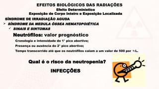  SINAIS E SINTOMAS
Neutrófilos: valor prognóstico
 Cronologia e intensidade do 1° pico abortivo;
 Presença ou ausência do 2° pico abortivo;
 Tempo transcorrido até que os neutrófilos caiam a um valor de 500 por L.
Qual é o risco da neutropenia?
INFECÇÕES
SÍNDROME DE IRRADIAÇÃO AGUDA
 SÍNDROME DA MEDULA ÓSSEA HEMATOPOIÉTICA
Efeito Determinístico
Exposição de Corpo Inteiro e Exposição Localizada
EFEITOS BIOLÓGICOS DAS RADIAÇÕES
 