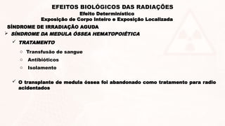  TRATAMENTO
o Transfusão de sangue
o Antibióticos
o Isolamento
 O transplante de medula óssea foi abandonado como tratamento para radio
acidentados
SÍNDROME DE IRRADIAÇÃO AGUDA
 SÍNDROME DA MEDULA ÓSSEA HEMATOPOIÉTICA
Efeito Determinístico
Exposição de Corpo Inteiro e Exposição Localizada
EFEITOS BIOLÓGICOS DAS RADIAÇÕES
 
