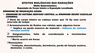  Dose de corpo inteiro ou cabeça maior que 10 Gy num curto
intervalo de tempo
 Armazenamento de fluídos nas células após algumas horas
 Implica na perda massiva de material – falência do sistema
nervoso central
 Sangramentos, falta de coordenação e movimentos
involuntários
Morte ocorre em horas
Sensações:
Irritação, desorientação, dormência, perda da função motora,
desmaios e coma.
 SÍNDROME DO SISTEMA NERVOSO CENTRAL ou SÍNDROME NEURO VASCULAR
CEREBRAL
SÍNDROME DE IRRADIAÇÃO AGUDA
Efeito Determinístico
Exposição de Corpo Inteiro e Exposição Localizada
EFEITOS BIOLÓGICOS DAS RADIAÇÕES
 