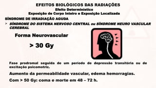 Forma Neurovascular
Fase prodromal seguida de um período de depressão transitória ou de
excitação psicomotriz.
Aumento da permeabilidade vascular, edema hemorragias.
Com > 50 Gy: coma e morte em 48 – 72 h.
> 30 Gy
 SÍNDROME DO SISTEMA NERVOSO CENTRAL ou SÍNDROME NEURO VASCULAR
CEREBRAL
SÍNDROME DE IRRADIAÇÃO AGUDA
Efeito Determinístico
Exposição de Corpo Inteiro e Exposição Localizada
EFEITOS BIOLÓGICOS DAS RADIAÇÕES
 