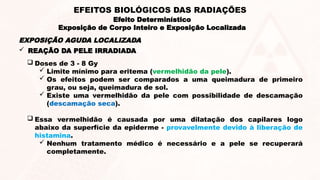  REAÇÃO DA PELE IRRADIADA
 Doses de 3 - 8 Gy
 Limite mínimo para eritema (vermelhidão da pele).
 Os efeitos podem ser comparados a uma queimadura de primeiro
grau, ou seja, queimadura de sol.
 Existe uma vermelhidão da pele com possibilidade de descamação
(descamação seca).
 Essa vermelhidão é causada por uma dilatação dos capilares logo
abaixo da superfície da epiderme - provavelmente devido à liberação de
histamina.
 Nenhum tratamento médico é necessário e a pele se recuperará
completamente.
EXPOSIÇÃO AGUDA LOCALIZADA
Efeito Determinístico
Exposição de Corpo Inteiro e Exposição Localizada
EFEITOS BIOLÓGICOS DAS RADIAÇÕES
 