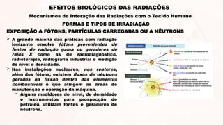 EXPOSIÇÃO A FÓTONS, PARTÍCULAS CARREGADAS OU A NÊUTRONS
 A grande maioria das práticas com radiação
ionizante envolve fótons provenientes de
fontes de radiação gama ou geradores de
raios X como as de radiodiagnóstico,
radioterapia, radiografia industrial e medição
de nível e densidade.
 Nas instalações nucleares, nos reatores,
além dos fótons, existem fluxos de nêutrons
gerados na fissão dentro dos elementos
combustíveis e que atingem as áreas de
manutenção e operação da máquina.
 Alguns medidores de nível, de densidade
e instrumentos para prospecção de
petróleo, utilizam fontes e geradores de
nêutrons.
FORMAS E TIPOS DE IRRADIAÇÃO
EFEITOS BIOLÓGICOS DAS RADIAÇÕES
Mecanismos de Interação das Radiações com o Tecido Humano
 