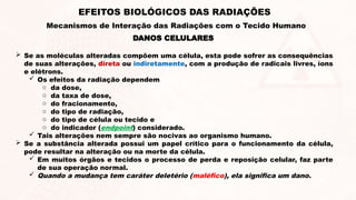  Se as moléculas alteradas compõem uma célula, esta pode sofrer as consequências
de suas alterações, direta ou indiretamente, com a produção de radicais livres, íons
e elétrons.
 Os efeitos da radiação dependem
o da dose,
o da taxa de dose,
o do fracionamento,
o do tipo de radiação,
o do tipo de célula ou tecido e
o do indicador (endpoint) considerado.
 Tais alterações nem sempre são nocivas ao organismo humano.
 Se a substância alterada possui um papel crítico para o funcionamento da célula,
pode resultar na alteração ou na morte da célula.
 Em muitos órgãos e tecidos o processo de perda e reposição celular, faz parte
de sua operação normal.
 Quando a mudança tem caráter deletério (maléfico), ela significa um dano.
DANOS CELULARES
EFEITOS BIOLÓGICOS DAS RADIAÇÕES
Mecanismos de Interação das Radiações com o Tecido Humano
 