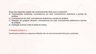 Quais das seguintes opções são invariavelmente letais para o probando?
a) Translocações simétricas, cromossomos em anel, cromossomos dicêntricos e pontes de
anáfase
b) Cromossomos em anel, cromossomos dicêntricos e pontes de anáfase
c) Deleções de qualquer tamanho, cromossomos em anel, cromossomos dicêntricos e pontes
de anáfase
d) Irradiação durante a fase S tardia da mitose.
A resposta correta é: b
Translocações simétricas e pequenas deleções não são necessariamente letais para o probando.
 