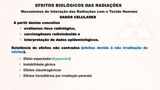 DANOS CELULARES
EFEITOS BIOLÓGICOS DAS RADIAÇÕES
Mecanismos de Interação das Radiações com o Tecido Humano
A partir destes conceitos
o avaliamos risco radiológico,
o carcinogênese radioinduzida e
o interpretação de dados epidemiológicos.
Existência de efeitos não centrados (efeitos devido à não irradiação do
núcleo).
o Efeito espectador (bystander)
o Instabilidade gênica
o Efeitos claustrogênicos
o Efeitos hereditários por irradiação parental
 