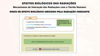 RISCO DE EFEITO BIOLÓGICO INDUZIDO PELA RADIAÇÃO IONIZANTE
EFEITOS BIOLÓGICOS DAS RADIAÇÕES
Mecanismos de Interação das Radiações com o Tecido Humano
 