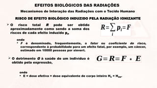  O risco total R pode ser obtido
aproximadamente como sendo a soma dos
riscos de cada efeito induzido pi,
𝑹=∑
𝒊
𝒑𝒊=𝑭
onde
 F é denominado, frequentemente, o fator ou coeficiente de risco,
correspondente à probabilidade para um efeito fatal, por exemplo, um câncer,
estimado em 10000 pessoas por sievert.
RISCO DE EFEITO BIOLÓGICO INDUZIDO PELA RADIAÇÃO IONIZANTE
EFEITOS BIOLÓGICOS DAS RADIAÇÕES
Mecanismos de Interação das Radiações com o Tecido Humano
 O detrimento G à saúde de um indivíduo é
obtido pela expressão,
onde
 E = dose efetiva = dose equivalente de corpo inteiro HE = HWB.
𝑮=𝑹= 𝑭 ∗ 𝑬
 
