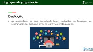 Evolução
● As necessidades de cada comunidade foram traduzidas em linguagens de
programação, que acabaram sendo desenvolvidas em torno delas.
Linguagens de programação
 