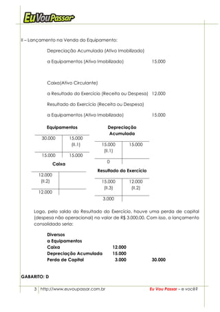 II – Lançamento na Venda do Equipamento:

           Depreciação Acumulada (Ativo Imobilizado)

           a Equipamentos (Ativo Imobilizado)                 15.000



           Caixa(Ativo Circulante)

           a Resultado do Exercício (Receita ou Despesa) 12.000

           Resultado do Exercício (Receita ou Despesa)

           a Equipamentos (Ativo Imobilizado)                 15.000

           Equipamentos                 Depreciação
                                        Acumulada
        30.000           15.000
                          (II.1)     15.000         15.000
                                      (II.1)
        15.000           15.000
                                       0
                 Caixa
                                   Resultado do Exercício
       12.000
        (II.2)                       15.000         12.000
                                      (II.3)         (II.2)
       12.000
                                     3.000

     Logo, pelo saldo do Resultado do Exercício, houve uma perda de capital
     (despesa não operacional) no valor de R$ 3.000,00. Com isso, o lançamento
     consolidado seria:

           Diversos
           a Equipamentos
           Caixa                           12.000
           Depreciação Acumulada           15.000
           Perda de Capital                 3.000             30.000


GABARITO: D

     3 http://www.euvoupassar.com.br                          Eu Vou Passar – e você?
 