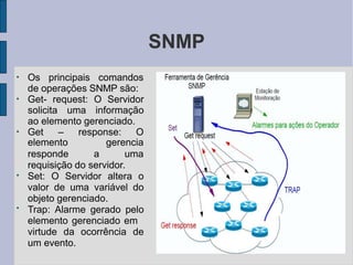SNMP
●
Os principais comandos
de operações SNMP são:
●
Get- request: O Servidor
solicita uma informação
ao elemento gerenciado.
●
Get – response: O
elemento gerencia
responde a uma
requisição do servidor.
●
●
Set: O Servidor altera o
valor de uma variável do
objeto gerenciado.
Trap: Alarme gerado pelo
elemento gerenciado em
virtude da ocorrência de
um evento.
 
