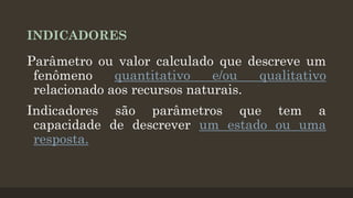 INDICADORES

Parâmetro ou valor calculado que descreve um
fenômeno
quantitativo
e/ou
qualitativo
relacionado aos recursos naturais.
Indicadores são parâmetros que tem a
capacidade de descrever um estado ou uma
resposta.

 