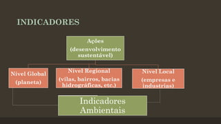 INDICADORES
Ações

(desenvolvimento
sustentável)
Nível Global
(planeta)

Nível Regional

Nível Local

(vilas, bairros, bacias
hidrográficas, etc.)

(empresas e
industrias)

Indicadores
Ambientais

 