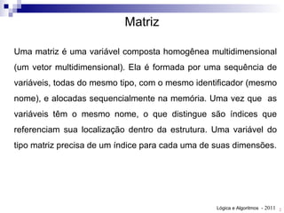 Uma matriz é uma variável composta homogênea multidimensional (um vetor multidimensional). Ela é formada por uma sequência de variáveis, todas do mesmo tipo, com o mesmo identificador (mesmo nome), e alocadas sequencialmente na memória. Uma vez que  as variáveis têm o mesmo nome, o que distingue são índices que referenciam sua localização dentro da estrutura. Uma variável do tipo matriz precisa de um índice para cada uma de suas dimensões. Matriz 