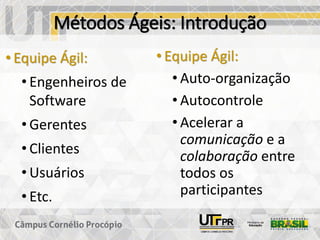 Métodos Ágeis: Introdução
• Equipe Ágil:
• Engenheiros de
Software
• Gerentes
• Clientes
• Usuários
• Etc.
• Equipe Ágil:
• Auto-organização
• Autocontrole
• Acelerar a
comunicação e a
colaboração entre
todos os
participantes
 
