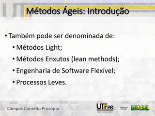 Métodos Ágeis: Introdução
• Também pode ser denominada de:
• Métodos Light;
• Métodos Enxutos (lean methods);
• Engenharia de Software Flexível;
• Processos Leves.
 