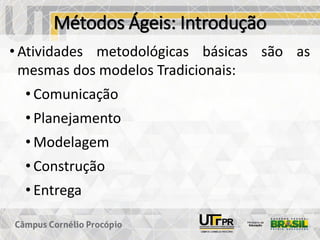 Métodos Ágeis: Introdução
• Atividades metodológicas básicas são as
mesmas dos modelos Tradicionais:
• Comunicação
• Planejamento
• Modelagem
• Construção
• Entrega
 