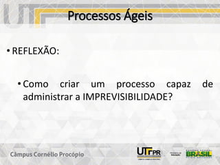 Processos Ágeis
• REFLEXÃO:
• Como criar um processo capaz de
administrar a IMPREVISIBILIDADE?
 