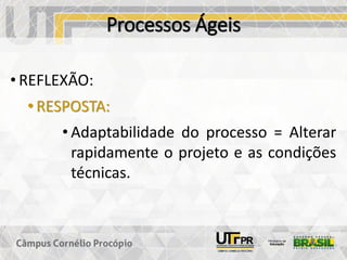 Processos Ágeis
• REFLEXÃO:
• RESPOSTA:
• Adaptabilidade do processo = Alterar
rapidamente o projeto e as condições
técnicas.
 