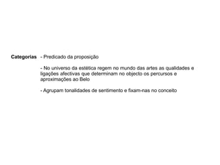 Categorias - Predicado da proposição
- No universo da estética regem no mundo das artes as qualidades e
ligações afectivas que determinam no objecto os percursos e
aproximações ao Belo
- Agrupam tonalidades de sentimento e fixam-nas no conceito
 