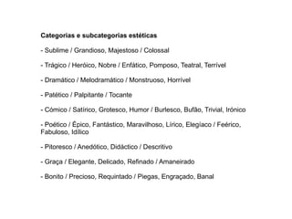 Categorias e subcategorias estéticas
- Sublime / Grandioso, Majestoso / Colossal
- Trágico / Heróico, Nobre / Enfático, Pomposo, Teatral, Terrível
- Dramático / Melodramático / Monstruoso, Horrível
- Patético / Palpitante / Tocante
- Cómico / Satírico, Grotesco, Humor / Burlesco, Bufão, Trivial, Irónico
- Poético / Épico, Fantástico, Maravilhoso, Lírico, Elegíaco / Feérico,
Fabuloso, Idílico
- Pitoresco / Anedótico, Didáctico / Descritivo
- Graça / Elegante, Delicado, Refinado / Amaneirado
- Bonito / Precioso, Requintado / Piegas, Engraçado, Banal
 