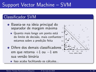 Support Vector Machine – SVM
Classificador SVM
Baseia-se na ideia principal do
separador de margem máxima
Quanto mais longe um ponto está
do limite de decisão, mais confiantes
estamos sobre a predição feita
Difere dos demais classificadores
em que retorna +1 ou −1 em
sua versão binária
Fonte: AIMA. R&N
Isso acaba facilitando os cálculos...
Norton Trevisan Roman(norton@usp.br) 27 de maio de 2019 4 / 35
 