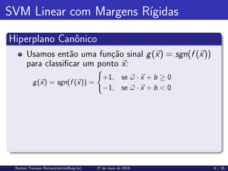 SVM Linear com Margens Rı́gidas
Hiperplano Canônico
Usamos então uma função sinal g(~
x) = sgn(f (~
x))
para classificar um ponto ~
x:
g(~
x) = sgn(f (~
x)) =
(
+1, se ~
ω · ~
x + b ≥ 0
−1, se ~
ω · ~
x + b < 0
Norton Trevisan Roman(norton@usp.br) 27 de maio de 2019 6 / 35
 