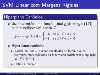 SVM Linear com Margens Rı́gidas
Hiperplano Canônico
Usamos então uma função sinal g(~
x) = sgn(f (~
x))
para classificar um ponto ~
x:
g(~
x) = sgn(f (~
x)) =
(
+1, se ~
ω · ~
x + b ≥ 0
−1, se ~
ω · ~
x + b < 0
Hiperplano canônico:
Aquele em que ~
ω e b são escolhidos de forma que os
exemplos mais próximos do hiperplano satisfaçam a equação
|~
ω · ~
x + b| = 1
Define a margem
Norton Trevisan Roman(norton@usp.br) 27 de maio de 2019 6 / 35
 