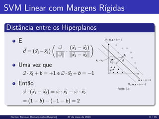 SVM Linear com Margens Rı́gidas
Distância entre os Hiperplanos
E
~
d = (~
x1 −~
x2)

~
ω
k~
ωk
·
(~
x1 − ~
x2)
k~
x1 − ~
x2k

Uma vez que
~
ω · ~
x1 + b = +1 e ~
ω · ~
x2 + b = −1
Então
~
ω · (~
x1 − ~
x2) = ~
ω · ~
x1 − ~
ω · ~
x2
Fonte: [3]
= (1 − b) − (−1 − b) = 2
Norton Trevisan Roman(norton@usp.br) 27 de maio de 2019 9 / 35
 