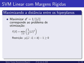 SVM Linear com Margens Rı́gidas
Maximizando a distância entre os hiperplanos
Maximizar d0
= 1/k~
ωk
corresponde ao problema de
otimização:
f (~
x) = min
~
ω,b

1
2
k~
ωk2

Restrição: yi (~
ω · ~
xi + b) − 1 ≥ 0
Norton Trevisan Roman(norton@usp.br) 27 de maio de 2019 11 / 35
 