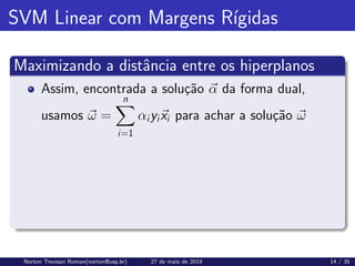 SVM Linear com Margens Rı́gidas
Maximizando a distância entre os hiperplanos
Assim, encontrada a solução ~
α da forma dual,
usamos ~
ω =
n
X
i=1
αiyi~
xi para achar a solução ~
ω
Norton Trevisan Roman(norton@usp.br) 27 de maio de 2019 14 / 35
 