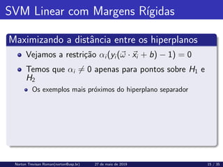 SVM Linear com Margens Rı́gidas
Maximizando a distância entre os hiperplanos
Vejamos a restrição αi(yi(~
ω · ~
xi + b) − 1) = 0
Temos que αi 6= 0 apenas para pontos sobre H1 e
H2
Os exemplos mais próximos do hiperplano separador
Norton Trevisan Roman(norton@usp.br) 27 de maio de 2019 15 / 35
 
