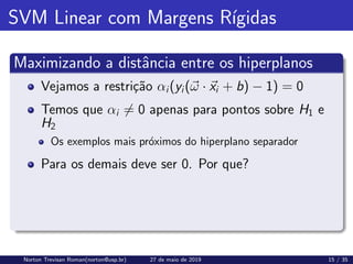 SVM Linear com Margens Rı́gidas
Maximizando a distância entre os hiperplanos
Vejamos a restrição αi(yi(~
ω · ~
xi + b) − 1) = 0
Temos que αi 6= 0 apenas para pontos sobre H1 e
H2
Os exemplos mais próximos do hiperplano separador
Para os demais deve ser 0. Por que?
Norton Trevisan Roman(norton@usp.br) 27 de maio de 2019 15 / 35
 